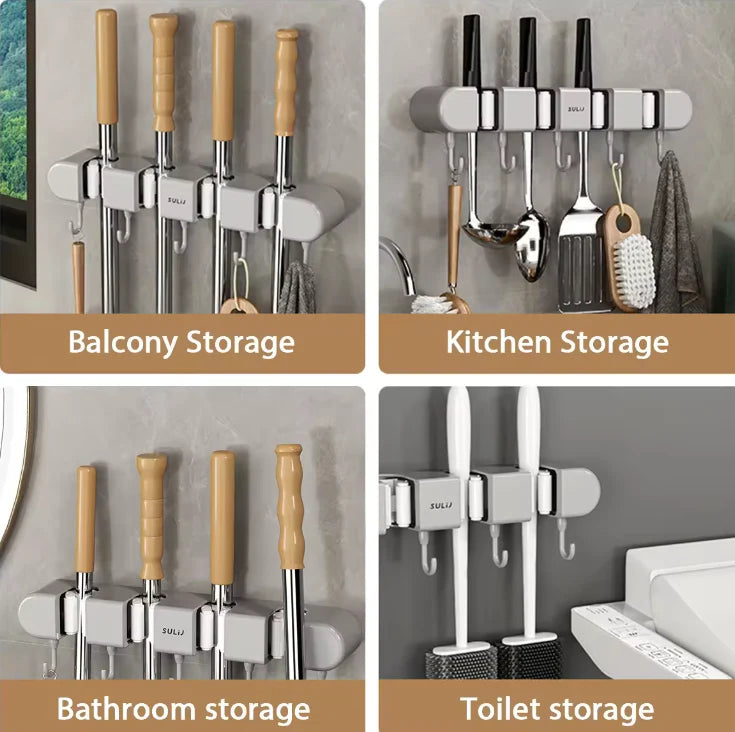 5 Slot & 6 Hook Wall Mounted Holder For Wipers & Brooms - SELF ADHESIVE