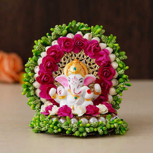 Lord Ganesha Idol on Decorative Handcrafted Green Floral Plate for Home and Car