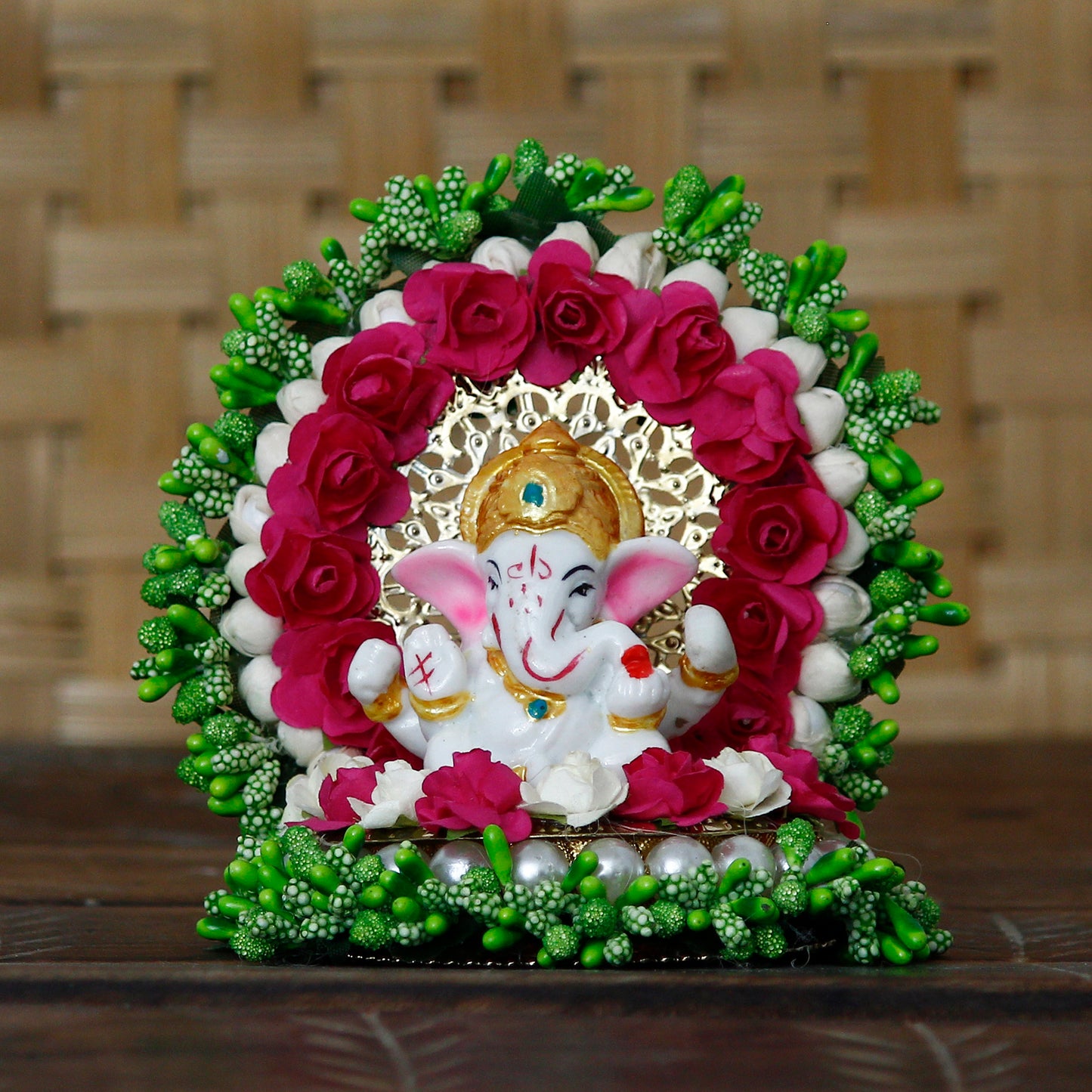 Lord Ganesha Idol on Decorative Handcrafted Green Floral Plate for Home and Car