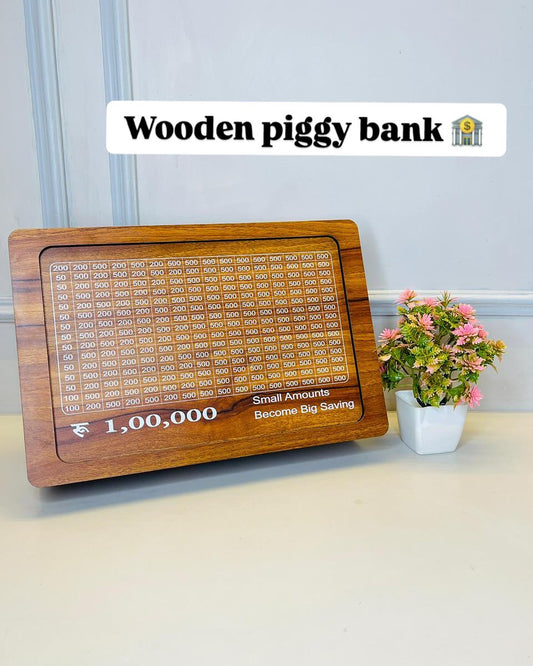 1 Lakh Savings Challenge - Wooden Piggy Bank With Highlighter